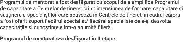 Programul de mentorat a fost desfășurat cu scopul de a amplifica Programul de capacitare a Centrelor de tineret prin    